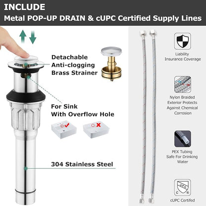 Chrome Widespread Bathroom Sink Faucet 8 Inch for Vanity | with All Metal Pop Up Drain, High Arc 2 Handle Lead-Free Deck Mount Bathroom Faucet for 3 Hole Lavatory Utility Sink