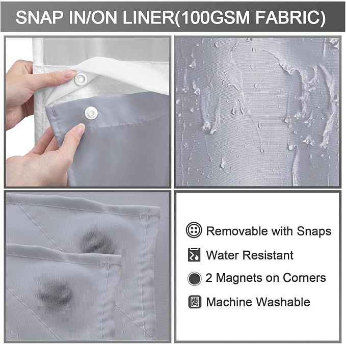 Replacement Snap-in Fabric Liner 71" W x 55" L, for 72" W x 75" L No Hook Shower Curtain - Grey