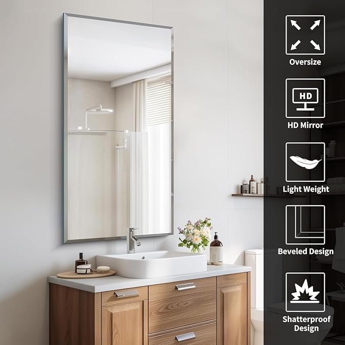 CILIBER Beveled Mirror, 24x48 Large Frameless Bathroom Mirrors for Wall, 3mm Tempered Glass Rectangle Vanity Mirror with Beveled Edge, Crystal-Clear, Hangs Horizontally or Vertically