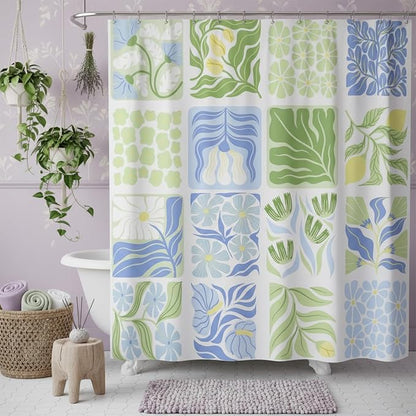 JAWO Blue Cute Boho Floral Shower Curtain, Colorful Abstract Floral Retro Aesthetic Shower Curtain for Bathroom, Funky Unique Waterproof Fabric Polyester Bath Curtains Decor with Hooks,47Wx64H
