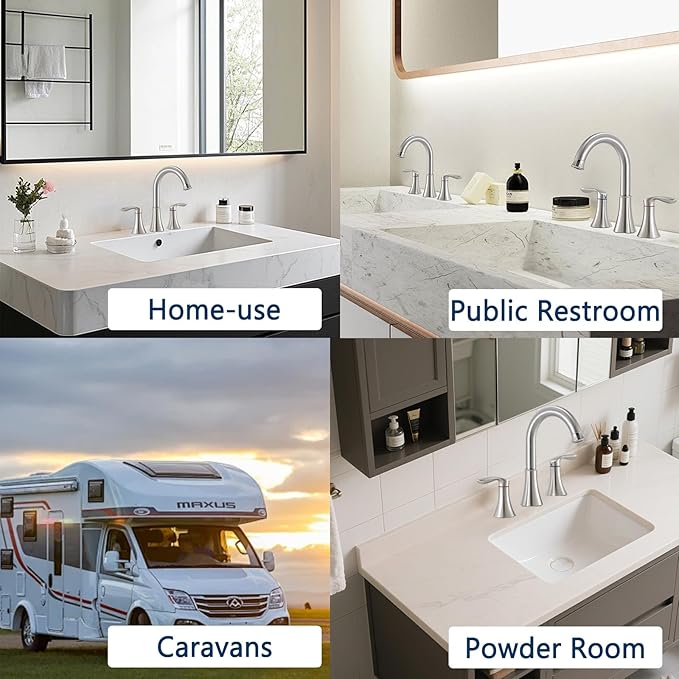 Friho Brushed Nickel Bathroom Faucet 3 Hole, Widespread 8 Inch 2 Handle Vanity Sink Faucet Set with Swivel Spout, Pop Up Drain and Water Supply Hoses