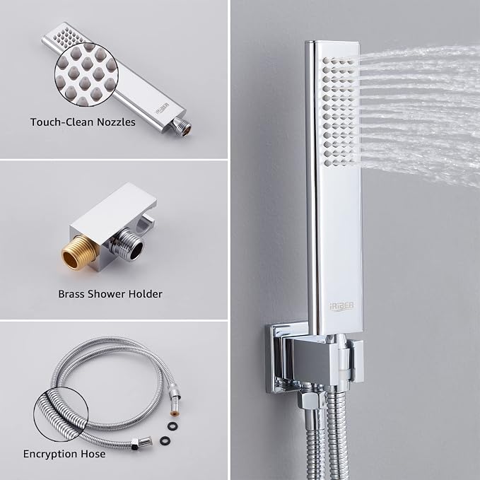 Iriber Chrome Shower System 10 Inch High Pressure Rainfall Shower Head and Shower Faucet Combo Set