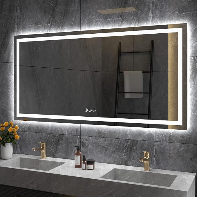 LED Bathroom Mirror, 60"X32" with Front Light and Backlit | Stepless Dimmable, Anti-Fog, Shatter-Proof, HD Reflection, Memory, 3 Colors Lighting, UL Listed (Horizontal/Vertical).