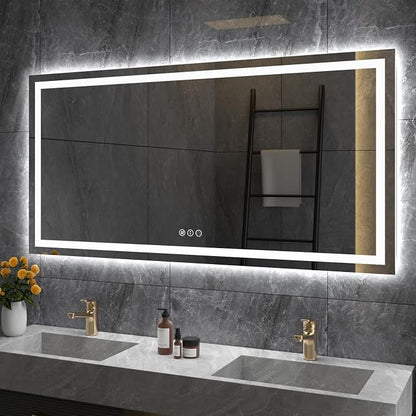 LED Bathroom Mirror, 60"X32" with Front Light and Backlit | Stepless Dimmable, Anti-Fog, Shatter-Proof, HD Reflection, Memory, 3 Colors Lighting, UL Listed (Horizontal/Vertical).