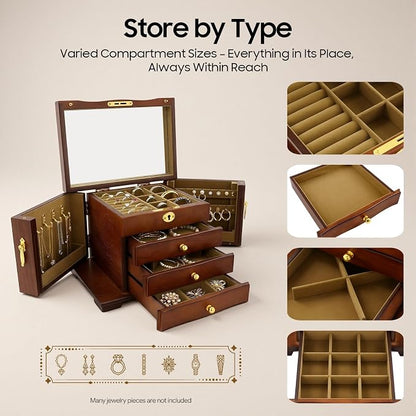 Large Wooden Jewelry Box with Mirror and Lock, 4 Layers Locking Jewelry Organizer, Watches Necklace Ring Storage Box for Women