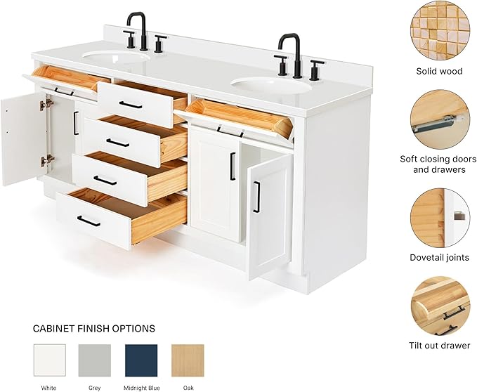 ARIEL Hepburn 72-inch Bathroom Vanity with Sink,Solid Wood, 1.5-inch Pure White Quartz Countertop & Backsplash, Double Oval Porcelain Sink, 4 Soft Closing Doors, 6 Dovetail Drawers, White