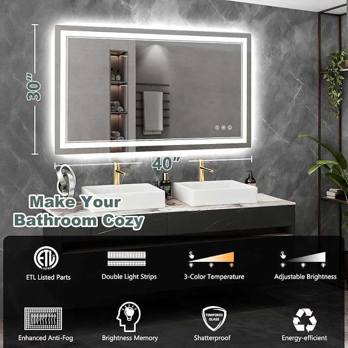 40x30 Inch LED Bathroom Mirror with Lights, 3 Colors Dimmable LED Vanity Mirror, Front and Back Lit, Anti-Fog, Memory Function, Shatterproof Tempered Glass, ETL Listed, Wall Mounted Makeup Mirror