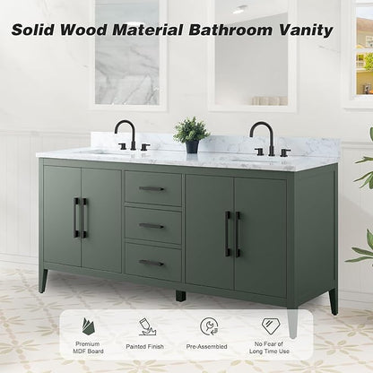 HomeBeyond 72 Inch Bathroom Vanity with Sink & Ceramic Top, Double Vanity Cabinet with Basin, Soft-Closing Doors & Matte Black Hardware, Vintage Green