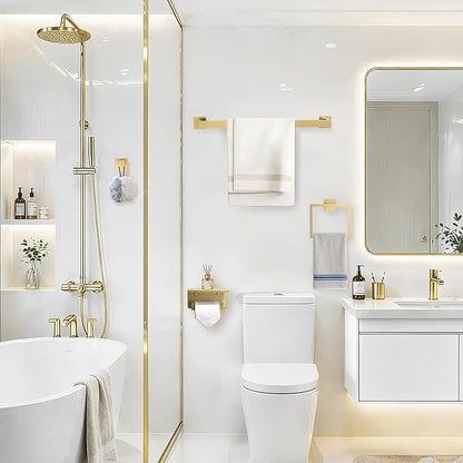 TURS Bathroom Hardware Set Brushed Gold 4-Piece Towel Bar Set Include 24 Inch Towel Bar Towel Ring Towel Hook Toilet Paper Holder with Shelf Wall Mounted.
