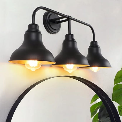 25.2-Inch 3-Light Farmhouse Vanity Light Over Mirror, Matte Black | Rustic industrial style, metal frame, 3 E26 sockets, 60W max, dimmable, no bulbs, wall sconce for bathroom mirror, bedroom