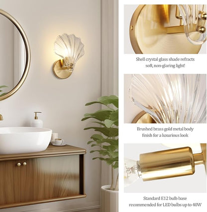 2 Pack Gold Glass Wall Sconces Crystal Wall Light with Clear Shell Shaped Glass Shades, Mid Century Gold Vanity Light Brass Bathroom Light Fixtures Beside The Mirror for Bedroom Porch Indoor
