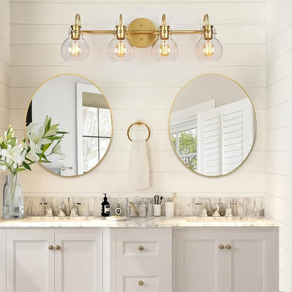 KSANA Bathroom Vanity Light, 4-Light 28.5" Large Gold Bathroom Light Fixtures, Modern Vanity Lights for Bathroom with Globe Clear Glass Shades