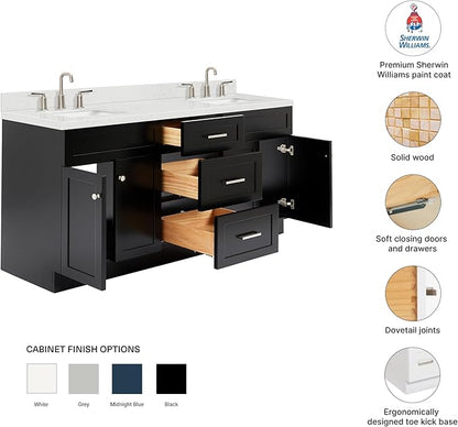 DKB Bradford 72 Inch Bathroom Vanity Double Sink — Black Bathroom Vanity with Sink, 1.5" Edge Carrara White Countertop & Backsplash, 4 Soft-Close Doors, and 3 Dovetail Drawers