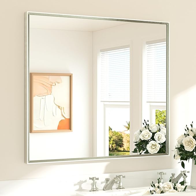 Brushed Nickel Bathroom Mirror for Over Sink 40" x 36" Brushed Nickel Beveled Framed Rectangle Vanity Mirror for Bathroom, Bedroom, Entryway, Living Room, Tempered Glass, Stronger Frame