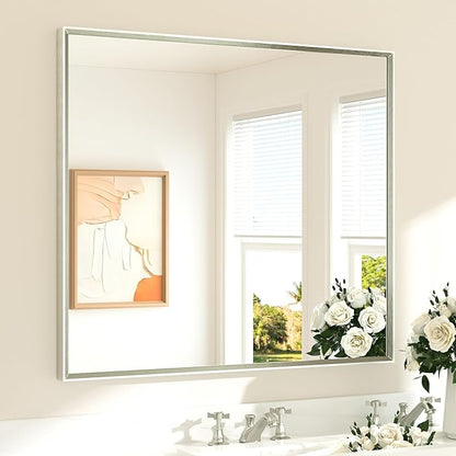 Brushed Nickel Bathroom Mirror for Over Sink 40" x 36" Brushed Nickel Beveled Framed Rectangle Vanity Mirror for Bathroom, Bedroom, Entryway, Living Room, Tempered Glass, Stronger Frame