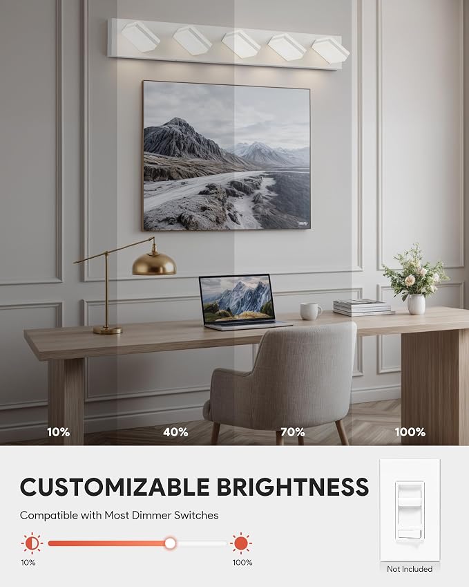 VONLUCE LED Modern Bathroom Vanity Light Fixture, Matte White | 34'', 5-Light, 3CCT, 360° Rotate, High CRI, Flicker-free, Dimmable, Memory Function, Waterproof IP44, Easy Installation