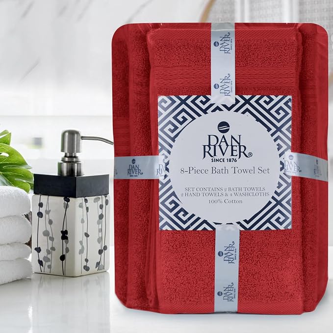 DAN RIVER 8 Piece Luxury Bath Towels for Bathroom, Towel Set, Red | 2 Bath towels, 2 Hand towels, and 4 Wash Cloths, 600 GSM 100% Ring Spun Cotton, Highly Absorbent, Gym, Hotel, guest, and Spa