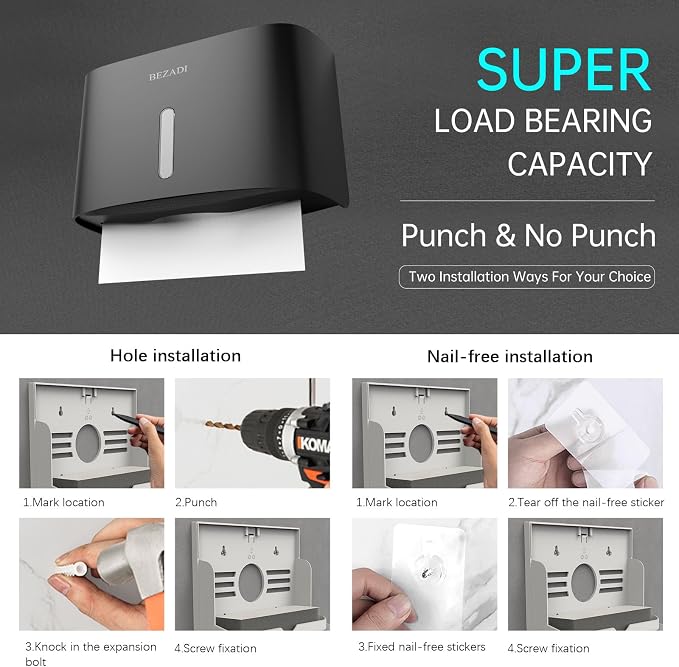 Paper Towel Dispenser,Large Capacity Wall Mount Tissue Dispensers with Smart Lock, Used for Kitchen and Bathroom Toilet Paper Holders Black