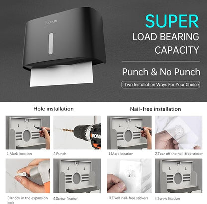 Paper Towel Dispenser,Large Capacity Wall Mount Tissue Dispensers with Smart Lock, Used for Kitchen and Bathroom Toilet Paper Holders Black
