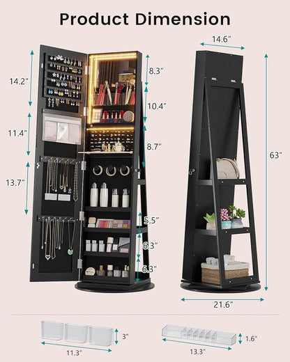 Vlskra Mirror Jewelry Cabinet Standing with Full Length LED Mirror, Black | Lockable Jewelry Armoire with 14 RGB Color Modes, Rotating Jewelry Organizer with Dustproof Lock, Gift Idea for Women, Girls