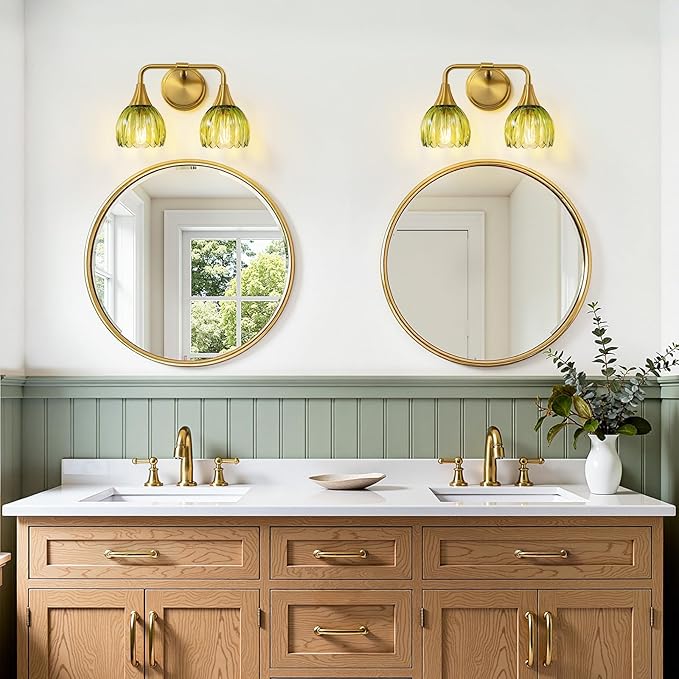 Bathroom Vanity Light Fixtures: 2-Lights Vintage Bathroom Lights Over Mirror with Ribbed Green Tulip Glass Shade - 14 inch Brushed Gold Wall Sconce Bath Lighting
