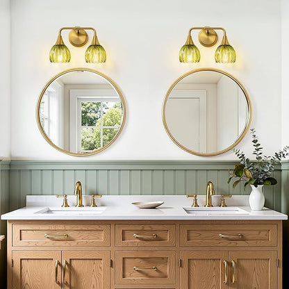 Bathroom Vanity Light Fixtures: 2-Lights Vintage Bathroom Lights Over Mirror with Ribbed Green Tulip Glass Shade - 14 inch Brushed Gold Wall Sconce Bath Lighting