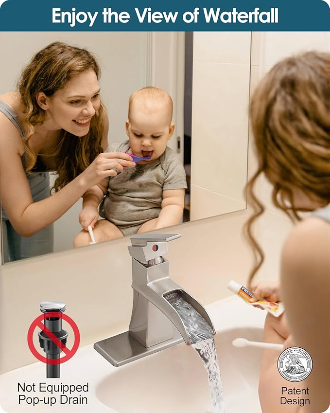 Single Hole Bathroom Faucet 3 Hole (4 Inch), Brass Waterfall Faucet Single Handle, Bathroom Faucets Brushed Nickel Bathroom Sink Faucet with Deck Plate & Pre-Install Hoses Without Pop-up Drain