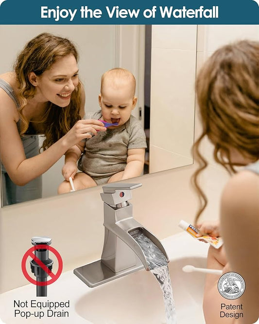 Single Hole Bathroom Faucet 3 Hole (4 Inch), Brass Waterfall Faucet Single Handle, Bathroom Faucets Brushed Nickel Bathroom Sink Faucet with Deck Plate & Pre-Install Hoses Without Pop-up Drain