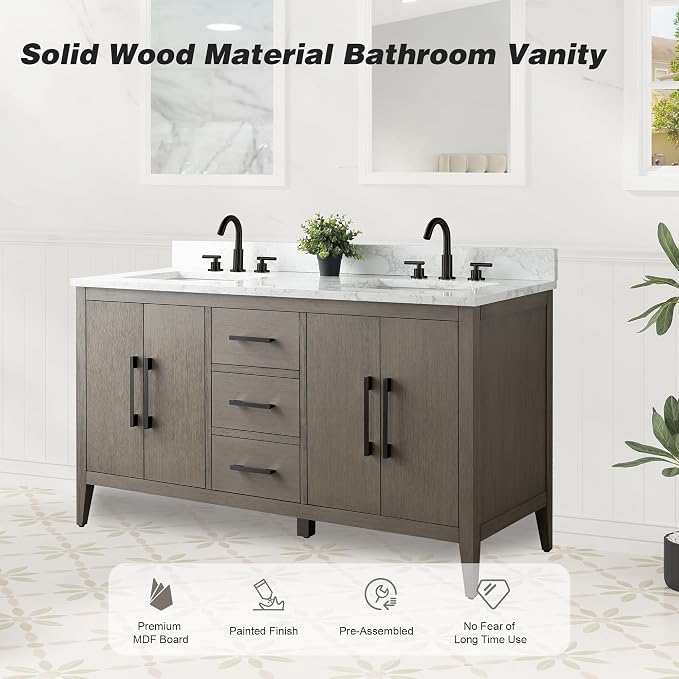 60 Inch Bathroom Vanity with Sink & Ceramic Top, Double Vanity Cabinet with Basin, Soft-Closing Doors & Matte Black Hardware, Driftwood Gray