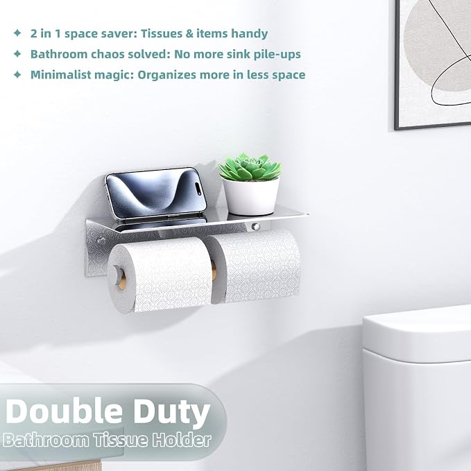 Polished Chrome Double Toilet Paper Holder with Shelf, Wall Mounted | 304 Stainless Steel, Rustproof for Bathroom, Restroom, Powder Room, Kitchen, 2-in-1 Functional Paper Roll & Phone Storage