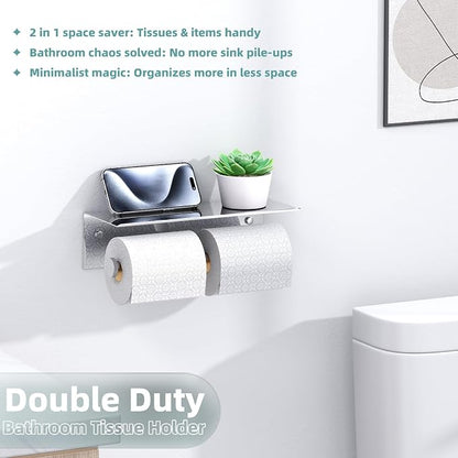 Polished Chrome Double Toilet Paper Holder with Shelf, Wall Mounted | 304 Stainless Steel, Rustproof for Bathroom, Restroom, Powder Room, Kitchen, 2-in-1 Functional Paper Roll & Phone Storage