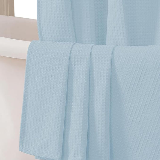 OVZME Extra Long Shower Curtain Set - 84 Inch Long Waffle Weave Heavy Duty Cloth Shower Curtain for Bathroom, Luxury Weighted 230GSM Bath Curtain Set with 12 Plastic Hooks, 72Wx84L, Glacier Blue