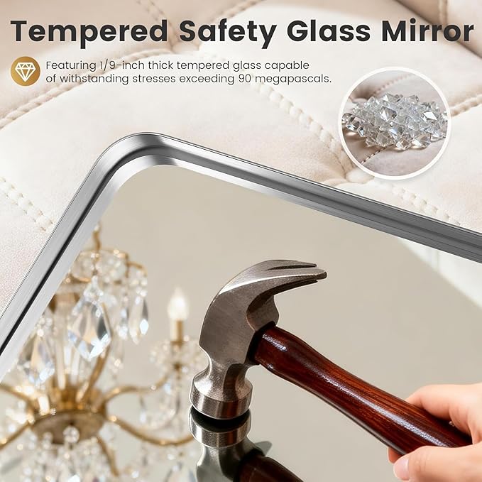 48 x 36 Large Brushed Nickel Bathroom Mirror for Wall, Large Mirrors for Spacious Rooms,Brushed Silver Metal Framed Mirror, Rounded Rectangle Silver Bathroom Mirrors, Tempered Glass