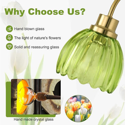 Bathroom Light Fixtures (3-Light, 20 Inch), Brushed Gold Vanity Lights for Bathroom with Ribbed Green Tulip Glass Shade, Vintage Vanity Wall Lights for Mirror Bedroom Living Room Hallway