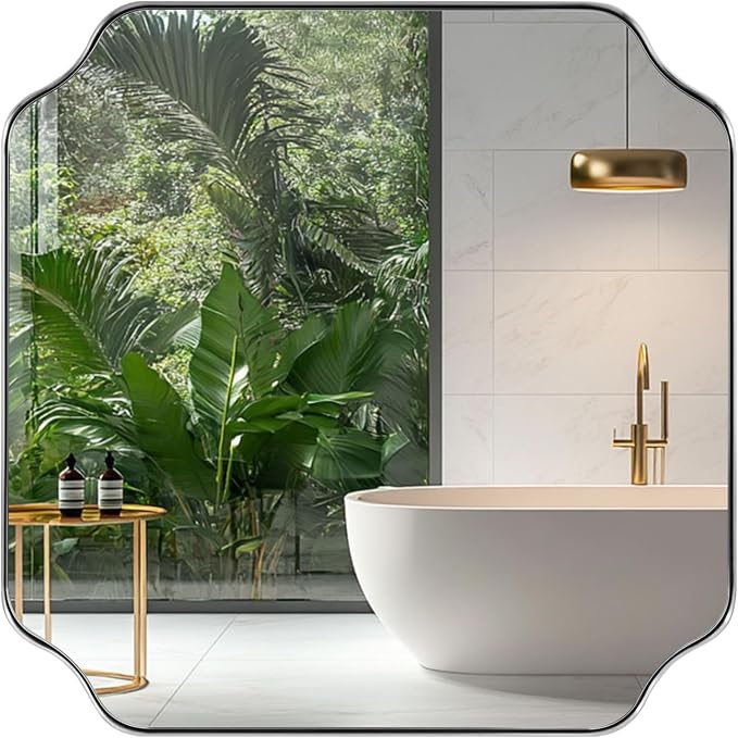 24"x24" Chrome Mirror, Polished Nickel Square Mirror for Wall, Scalloped Bathroom Mirror in Anti-Rust Stainless Steel Frame, Unique Notched Corner Designed Ideal for Home Remodel