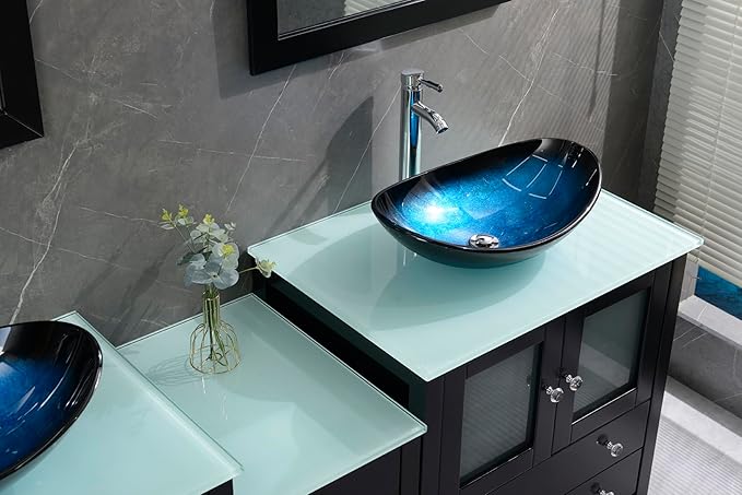 76" Freestanding Wooden Modern Bathroom Vanity with Double Vessel Sink Set Bathroom Mirror Included (Black, Art Sink)