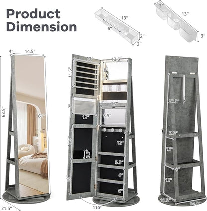 CHARMAID 360° Swivel Jewelry Armoire with Full Length Mirror, Rear Storage Shelves, Lockable Standing Jewelry Cabinet Organizer with Interior Vanity Mirror and 3-Color Lights (Stone Gray)