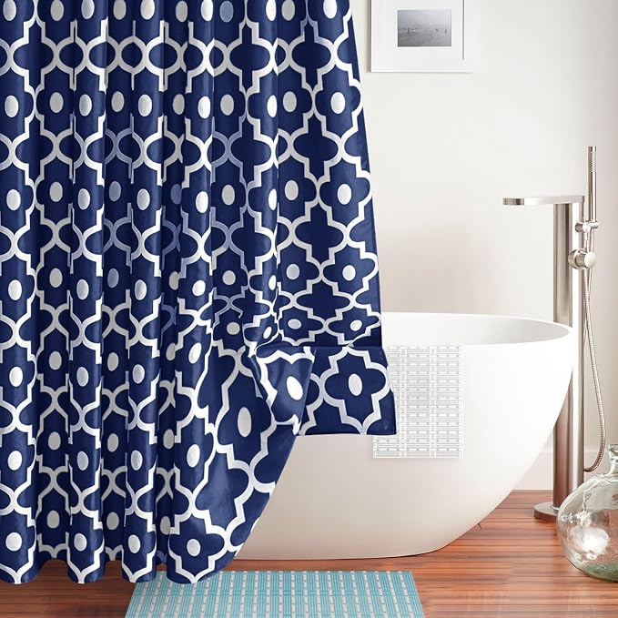 Fabric Modern Shower Curtain-Navy and White Shower Curtains for Bathroom | 72"W x 72"L Textured Faux Linen Elegant Classic Moroccan Bath Decor-Hotel Quality Transitional Washable & Breathable Cloth