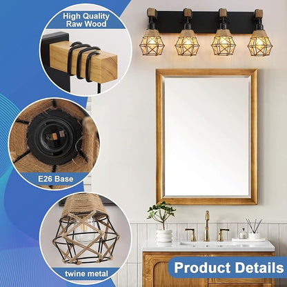LmnLvn 4-Light Bathroom Vanity Light, Boho Farmhouse Hemp Rope Cage Shade | Wood & Black Metal Frame, Rustic Vanity Lighting, Mounted Over Mirror, Easy To Install for Restroom, Bedroom & Hallway