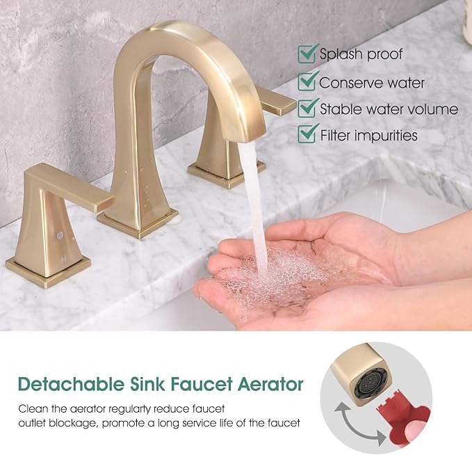 Bathroom Faucets for Sink, 2 Handle Widespread Bathroom Sink Faucet, 3 Hole Modern Stainless Steel Faucet with Pop-up Drain and Water Supply Lines, Brushed Golden