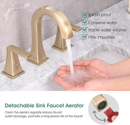 Bathroom Faucets for Sink, 2 Handle Widespread Bathroom Sink Faucet, 3 Hole Modern Stainless Steel Faucet with Pop-up Drain and Water Supply Lines, Brushed Golden