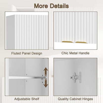 ChooChoo Bathroom Wall Cabinet, Laundry Room Cabinet with 4 Fluted Doors | Kitchen Storage Cupboard Cabinet with Adjustable Shelf, Fluted Wall-Mounted Medicine Cabinet for Kitchen, Garage, White