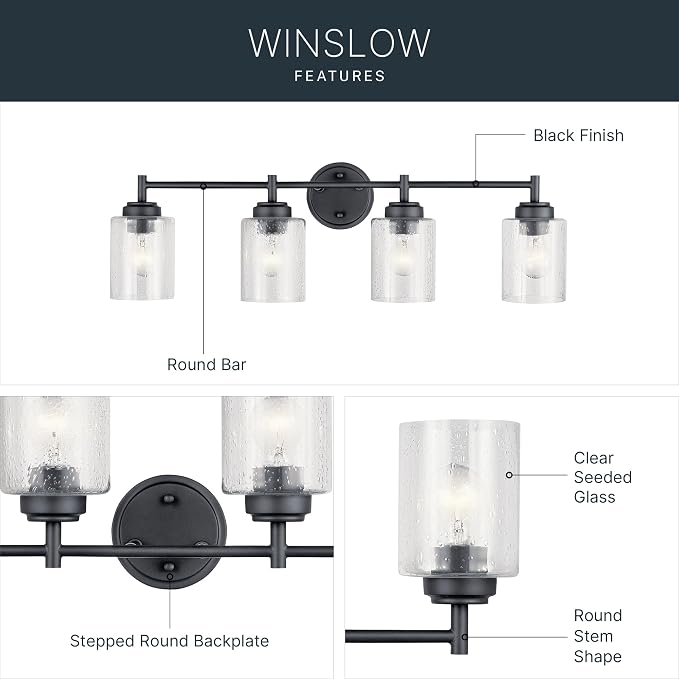 Kichler Winslow 4-Light Farmhouse Vanity Light, Black | Clear seeded glass vanity light with industrial styling (30" x 9.25" x 6.5"), 45887BK