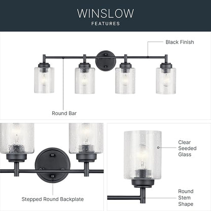 Kichler Winslow 4-Light Farmhouse Vanity Light, Black | Clear seeded glass vanity light with industrial styling (30" x 9.25" x 6.5"), 45887BK