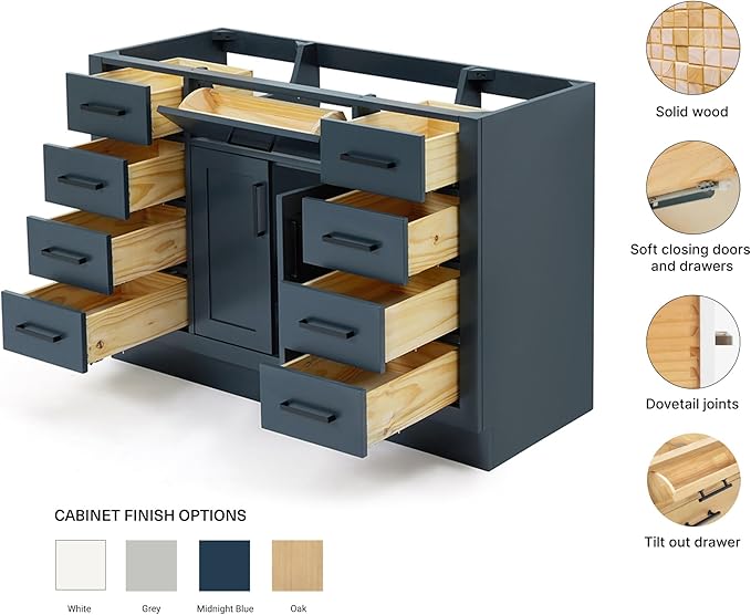 ARIEL Hepburn 48-inch Bathroom Vanity Base Cabinet,Solid Wood, 2 Soft Closing Doors, 9 Dovetail Drawers, Midnight Blue