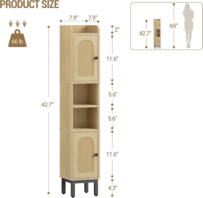 Hzuaneri Slim Bathroom Storage Cabinet, Narrow Bathroom Organizers,2 Doors | Narrow Bathroom Storage with 4 Adjustable Feet, Laundry Room Organization for Small Space,Kitchen, Rattan Yellow BC22402Y