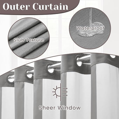 SORTTO No Hook Slub Shower Curtain with Liner, 48x74, Grey | Snap in Liner, 3 in 1, Bamboo Texture, Hotel Style, Waterproof Fabric, Mesh Top Window, Corner Magnets, Machine Washable