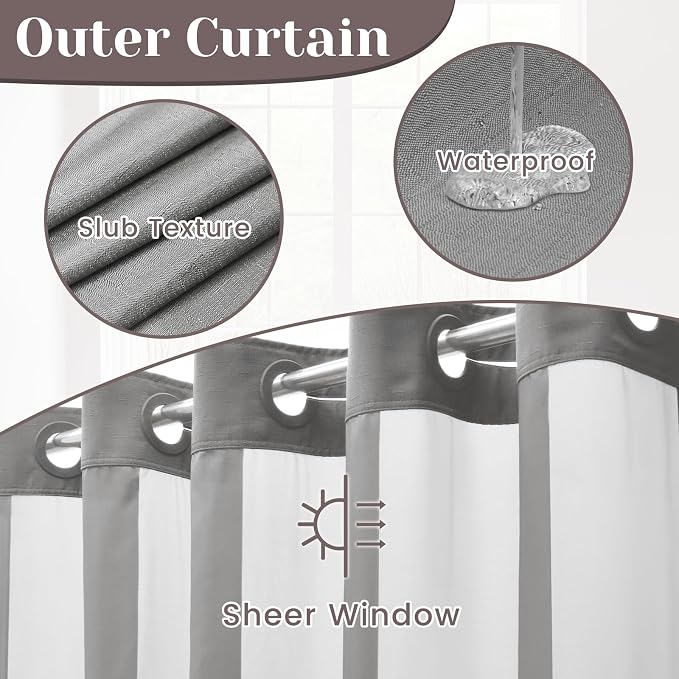 SORTTO No Hook Slub Shower Curtain with Liner, 54x74, Grey | Snap in Liner, 3 in 1, Bamboo Texture, Hotel Style, Waterproof Fabric, Mesh Top Window, Corner Magnets, Machine Washable