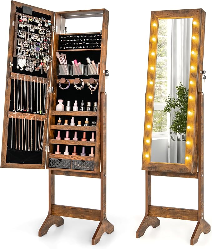 GOFLAME Jewelry Armoire Cabinet Standing, Lockable Full Length Mirror with Storage Shelves and 2 Drawers, Adjustable Tilt Angles, Stand Up Jewelry Box with Lighted Mirror (Rustic Brown)