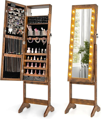 GOFLAME Jewelry Armoire Cabinet Standing, Lockable Full Length Mirror with Storage Shelves and 2 Drawers, Adjustable Tilt Angles, Stand Up Jewelry Box with Lighted Mirror (Rustic Brown)